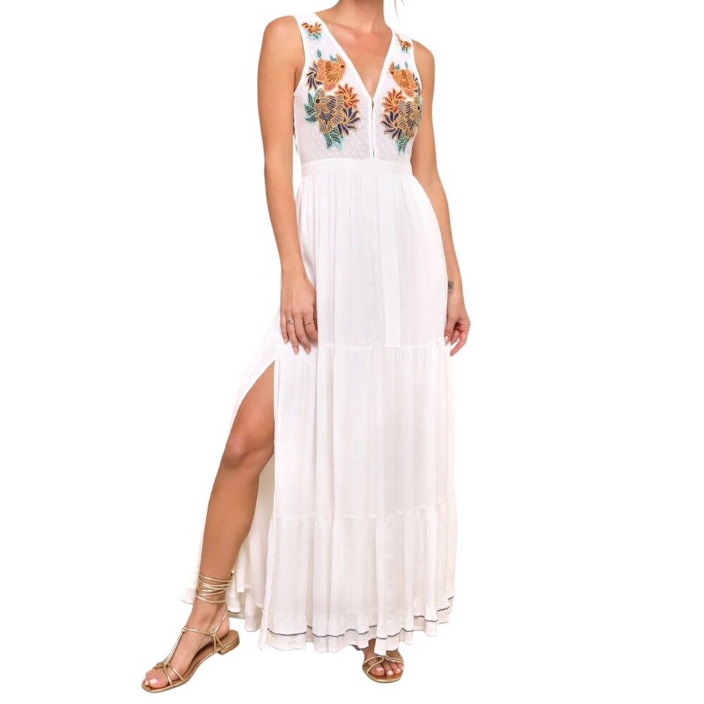 Lulus Women's Ivory Embroidered Flowy Sleeveless Boho Maxi Dress Size XS NWTT